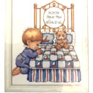 Counted Cross Stitch Kit Tobin Baby Praying Boy Bear Personalize Birth Record